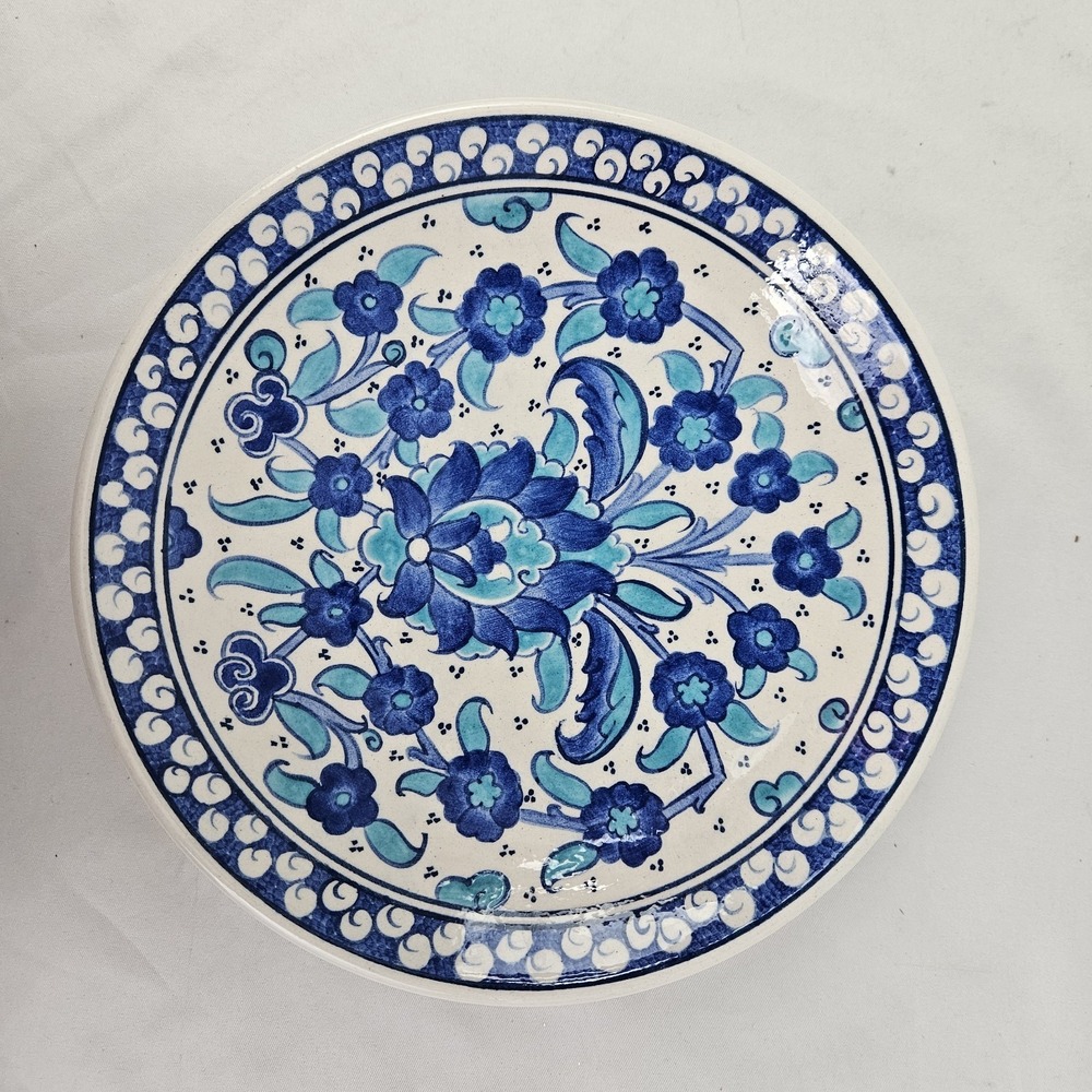 Turkish Kutahya Ceramic Plate with Hand-painted Blue Floral Design Vintage